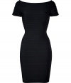 Cut a feminine figure after dark in this cocktail-ready off-the-shoulder dress from Herv? L?ger - Wide off-the-shoulder neckline, cap sleeves, bandage style with figure-hugging multi-panels, concealed back zip closure - Extra form-fitting - Style with jet black platform pumps and a statement clutch