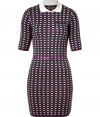 Poppy and contemporary with its candy-colored patterning, Missoni Ms collared knit dress is a sassy way to wear the brands iconic look - White collar, elbow-length sleeves, fine ribbed trim, purple leather belt with pink trim, pull-over style - Form-fitting - Wear with a bright handbag and matching peep-toes