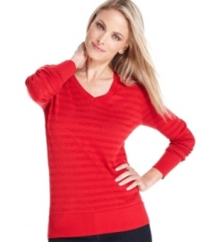 Metallic stripes add a dose of glam to a basic v-neck sweater, from Charter Club's petite collection. Metallic stripes add a dose of glam to a basic v-neck sweater, from Charter Club's petite collection.