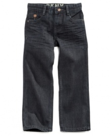 A classic fit for a classic look. These straight leg jeans from DKNY will keep him looking cool at school or out and about anytime of year. A classic fit for a classic look. These straight leg jeans from DKNY will keep him looking cool at school or out and about anytime of year.