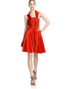 THE LOOKHalter neckline with notch collarFull pleated skirtFully linedTHE FITAbout 37 from shoulder to hemTHE MATERIAL73% cotton/27% viscoseFully linedCARE & ORIGINDry cleanMade in ItalyModel shown is 5'9 (175cm) wearing US size 4. THE LOOKHalter neckline with notch collarFull pleated skirtFully linedTHE FITAbout 37 from shoulder to hemTHE MATERIAL73% cotton/27% viscoseFully linedCARE & ORIGINDry cleanMade in ItalyModel shown is 5'9 (175cm) wearing US size 4.