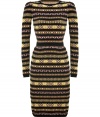 Eye-catching and exquisite, Valentinos black and yellow graphic-knit dress counts as a fashion-forward favorite, tailored to endless pairing possibilities - Rounded neckline, long sleeves, black trim, form-fitting - Pair with peep-toe pumps or flawless ankle boots