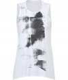 Casual staples get updated with this downtown-ready sleeveless printed tee from Helmut Lang - Round neck, sleeveless, asymmetrical hem, flared silhouette, front abstract print - Pair with a draped front cardigan, skinny jeans, and ballet flats