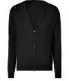 Fine cotton cardigan in basic black - Perennial mens favorite - Modern, slim fit - Deep v-neck and button panel - Perfect for all season and occasions - Pair with jeans or dress pants