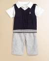 He'll look cute as a button in this charming v-neck knit paired with a classic polo shirt and striped pants for a handsome ensemble. Vest V-neckSleevelessShoulder epaulets Shirt Shirt collarShort sleevesButton front Pants Elastic waistbandFaux-flySide flap patch pocketShirt & Vest: CottonPants: 78% cotton/22% linenMachine washImported Please note: Number of buttons may vary depending on size order 