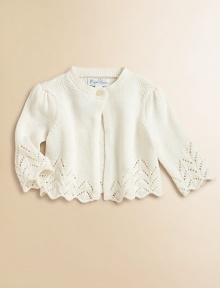 A comfortable knit shrug is crafted in a delicate pointelle cotton, making it perfect for both casual and festive occasions.CrewneckLong sleevesSingle-button closureScalloped pointelle-knit hemCottonHand washImported Please note: number of buttons may vary depending on size ordered. A comfortable knit shrug is crafted in a delicate pointelle cotton, making it perfect for both casual and festive occasions.CrewneckLong sleevesSingle-button closureScalloped pointelle-knit hemCottonHand washImported Please note: number of buttons may vary depending on size ordered.