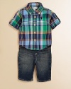 This timeless set includes ultra-soft plaid cotton shirt and trendy jeans with a grosgrain ribbon belt to tie the entire look together. Shirt Button-down collarLong roll-tab sleeves with barrel cuffsButton frontShirttail hem Jeans Front snap closureSewn flyElastic waistband with belt loops and grosgrain beltAngled front pocketsButtoned back welt pocketsCottonMachine washImported Please note: Number of buttons/snaps may vary depending