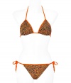 Stylish bikini in fine, synthetic fiber blend - Especially comfortable and flattering, thanks to a generous amount of stretch - Vibrant, orange-piped butterfly and leopard prints - Triangular halter top with adjustable cups ties at back and nape of neck - String brief ties at hips, offers modest coverage at rear - Sexy and fun, a must for you next vacation or beach getaway - Wear solo or layer beneath a caftan and pair with wedge sandals
