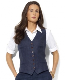 Tailored from lightweight linen with a polished pinstriped pattern, a luxurious Bemberg twill back and vintage-inspired details, this petite Lauren by Ralph Lauren vest is the epitome of timeless style. Tailored from lightweight linen with a polished pinstriped pattern, a luxurious Bemberg twill back and vintage-inspired details, this petite Lauren by Ralph Lauren vest is the epitome of timeless style.