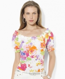 Bohemian inspiration comes alive in Lauren Ralph Lauren's printed petite cotton top, finished with a chic gathered neckline and sleeves. Bohemian inspiration comes alive in Lauren Ralph Lauren's printed petite cotton top, finished with a chic gathered neckline and sleeves.