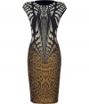 Eye-catching and elegant, Roberto Cavallis animal print sheath radiates the brands iconic Italian aesthetic - Rounded neckline, cap sleeves, form-fitting - Pair with platform peep-toes and a clutch