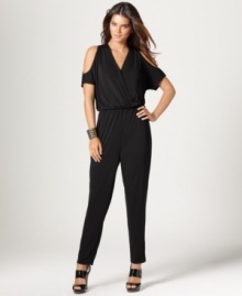 Cutout shoulders add eye-catching appeal to this DKNYC jumpsuit -- an on-trend alternative to a dress! Cutout shoulders add eye-catching appeal to this DKNYC jumpsuit -- an on-trend alternative to a dress!