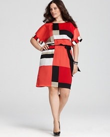 Let the modern art-inspired pattern on this DKNYC belted dress pop by keeping shoes and accessories clean and minimal. Let the modern art-inspired pattern on this DKNYC belted dress pop by keeping shoes and accessories clean and minimal.