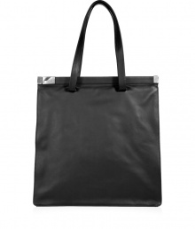 Deceptively simple, this ultra-luxe leather shoulder bag from cult favorite designer Maison Martin Margiela features unexpectedly edgy details - Top carrying handles, frame with silver-tone metallic detailing, asymmetrical side zip closure - Perfect for off-duty cool or a gallery opening Deceptively simple, this ultra-luxe leather shoulder bag from cult favorite designer Maison Martin Margiela features unexpectedly edgy details - Top carrying handles, frame with silver-tone metallic detailing, asymmetrical side zip closure - Perfect for off-duty cool or a gallery opening