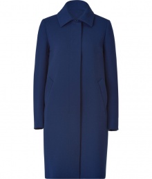 Elegant A-line coat in deep blue wool blend - Classic slim shape with short collar, long sleeves, concealed snap front closure and diagonal pockets - Decorative ruffles at back create lovely interest in this traditional piece - Great for the office or with cool jeans or a sheath dress - Wear all season for years