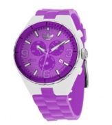 High-intensity color for a high-energy day. Cambridge watch by adidas crafted of purple silicone strap and round clear nylon case. Purple bezel with black stick indices. Purple grid-patterned chronograph dial features applied silver tone numerals at three, six and nine o'clock, stick indices, minute track, date window at four o'clock, three subdials, luminous hands and logo. Quartz movement. Water resistant to 50 meters. Two-year limited warranty.