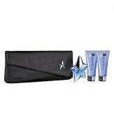 Transforming into a seductress is effortless with the Angel Refillable Shooting Star and sophisticated selection of bath and body products. The celestial collection is presented with a stylish, black leather-like clutch - decorated with a silver metallic star, inspired by Thierry Mugler's fashionable universe.Set includes: 0.8 oz. Shooting Star Eau de Parfum Refillable Spray, 3.4 oz. Perfuming Body Lotion, 3.4 oz. Perfuming Shower Gel, and a Thierry Mugler Signature Clutch.