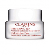 Early Correction. Continuous Protection. Visible Perfection. Multi-Active Day is the newest innovation from Clarins high performance skin care with new formulas and textures that prevent and visibly correct early signs of aging.Powerful and targeted early wrinkle control Reinforced and continuous antioxidant defense delivered directly to the skin Radiance boosting action Dermal-epidermal junction repair Dermatologist tested. Non-comedogenic 