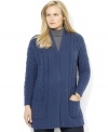 Rendered in a cozy lambswool blend, Lauren Ralph Lauren's chic open-front plus size cardigan is knit in a classic cable stitch.