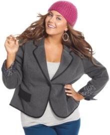 Top off your fall lineup with Dollhouse's plus size one-button jacket, flaunting animal-print trim!