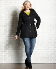 Looking cute in the cold is a cinch with Dollhouse's plus size single-breasted coat, featuring a belted waist.