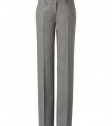Stylish flannel pants in a fine pure wool-spandex blend - Light grey in a heathered look - Exclusive, ultra high quality from American designer Michael Kors - Feminine, ladylike style that looks grown up, smart, dressy - The pants are straight with a wide leg cut - With visible creases and a classic waistband with belt loops and button close - Typical classic office pants you can wear with slim tops (blouse, top, blazer) - After work, style with a glam top
