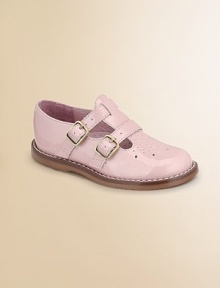 A chic T-strap design in metallic, finished with a double buckle closure and perforated teardrops on the toe for a precious look. Double buckle closure Synthetic upper Rubber sole Padded insole Leather lining ImportedPlease note: It is recommended that you order one ½ size smaller than measured. If your child measures a size 7.0, you may want to order a 6 ½. A chic T-strap design in metallic, finished with a double buckle closure and perforated teardrops on the toe for a precious look. Double buckle closure Synthetic upper Rubber sole Padded insole Leather lining ImportedPlease note: It is recommended that you order one ½ size smaller than measured. If your child measures a size 7.0, you may want to order a 6 ½.