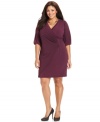 Snag a sleeker looking silhouette with AGB's three-quarter-sleeve plus size, elegantly defined by a faux wrap design.