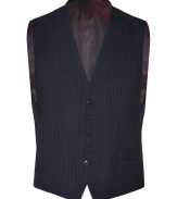 Exquisitely tailored for a flawless fit, Marc by Marc Jacobs pinstriped vest is a dressy staple guaranteed to give your look a seamlessly sophisticated edge - Buttoned front, iridescent back with adjustable belt - Contemporary tailored fit - Wear with an immaculately cut shirt and matching pinstriped trousers
