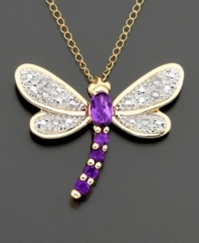 Dazzling dragonfly. A whimsical 14k gold pendant with round and oval-cut amethysts (1/4 ct. t.w.) and sparkling diamond-accented wings. Chain measures 18 inches. Dazzling dragonfly. A whimsical 14k gold pendant with round and oval-cut amethysts (1/4 ct. t.w.) and sparkling diamond-accented wings. Chain measures 18 inches.