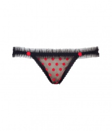 Get the sultry glamorous look of a vintage 1950s pin up girl in Von Follies by Dita Von Teeses black mesh thong, detailed with ruffled trim and fun red embroidered dots - perfect for giving as a saucy holiday gift! - Embroidered red dots on front and back, sheer black and nude mesh front panel, sheer black ruffled mesh trim, sheer black mesh thong - Thong back - Wear with the matching balconette bra for a seriously seductive look Get the sultry glamorous look of a vintage 1950s pin up girl in Von Follies by Dita Von Teeses black mesh thong, detailed with ruffled trim and fun red embroidered dots - perfect for giving as a saucy holiday gift! - Embroidered red dots on front and back, sheer black and nude mesh front panel, sheer black ruffled mesh trim, sheer black mesh thong - Thong back - Wear with the matching balconette bra for a seriously seductive look
