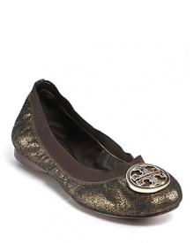 Crackled metallic leather adds new depth and luster to Tory Burch's classic flats.