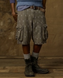 The essential cargo short is given an rustic update with a bold arrowhead pattern and cut-off silhouette that exude earthy and unpretentious style. The essential cargo short is given an rustic update with a bold arrowhead pattern and cut-off silhouette that exude earthy and unpretentious style.