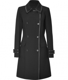 An edgy leather trim brings a downtown feel to this classic trench from DNKY - Spread collar, long sleeved with belted cuffs and leather trim, double-breasted, front button placket with leather, flap pockets, slim silhouette - Style with an elevated jeans-and-tee ensemble or a sleek cocktail frock An edgy leather trim brings a downtown feel to this classic trench from DNKY - Spread collar, long sleeved with belted cuffs and leather trim, double-breasted, front button placket with leather, flap pockets, slim silhouette - Style with an elevated jeans-and-tee ensemble or a sleek cocktail frock