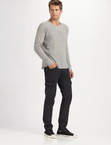 Utilitarian style close at hand in this military-inspired classic, cut from washed cotton chino with a slim fit and allover seaming detail. Side slash, back flap pockets Cargo pockets Inseam, about 34 Cotton Machine wash Made in USA Utilitarian style close at hand in this military-inspired classic, cut from washed cotton chino with a slim fit and allover seaming detail. Side slash, back flap pockets Cargo pockets Inseam, about 34 Cotton Machine wash Made in USA