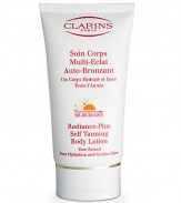 Named Best Self-Tanner in Allure magazine's Best of Beauty. Radiance-Plus Self Tanning Body Lotion offers year round hydration and a healthy, golden glow. Lightweight, fresh cream-gel formula immediately absorbs into skin for an even, flawless application every time. Tiny mother-of-pearl particles create an allover iridsecent effect. Ideal for all skin tones. Key ingredients: DHA, erythrulose, imperata cylindrica, kiwi extract, Pro-Vitamin B5, vitamins A and E. 5.3 oz. 