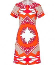 Simply stunning dress in brightly-colored graphic printed cotton of orange and pink - Slim case silhouette with a round neck, short sleeves and clean lines - Thigh-length - Wonderful, summery choice for work, ladies luncheon, arts event or party - Pair with platform sandals and an exclusive shopper tote