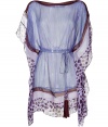 Amp up your beach-ready look with this luxe silk caftan from Diane von Furstenberg - Bateau neck, dolman sleeves with contrasting spotted print, tie belt at waist with tassels, draped side detail, relaxed silhouette, mini length - Pair with jeans and heels for evening or wear over a bikini for seaside chic