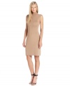 Calvin Klein's mock-neck sheath is precision-cut and adorned with shiny gold buttons at the shoulder.