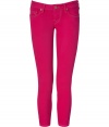 Stylish jeans in fine, fuchsia cotton stretch denim - Skinny, low rise capri cut crops mid-calf - Wide belt loops, button closure and zip fly - Pockets sit slowly lower at back, lifting and flattering the rear - Casually cool and chic, easily dressed up or down - Pair with a tunic top or oversize silk blouse and wedges, ballet flats or leather sandals