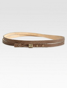 A thin, double wrapped leather design in luxurious embossed python accented with a metal, logo embossed belt keeper. Width, about ½Imported A thin, double wrapped leather design in luxurious embossed python accented with a metal, logo embossed belt keeper. Width, about ½Imported
