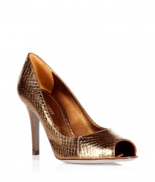 Classic bronze snake print peep-toe pumps from Sergio Rossi - These regal yet fashion-forward pumps bring refined chic to any outfit - Peep-toe style, all-over snake print leather, stiletto heel - Pair with fishnets, an A-line mini dress, and a slim trench