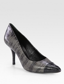 Bicolor pump of lizard-print leather, with a crocodile-embossed cap toe for some exotic edge. Lizard-print leather heel, 3¾ (95mm)Lizard-print leather upper with crocodile-print leather cap toePoint toeLeather lining and solePadded insoleImported