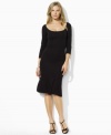 A sophisticated take on the little black dress, this Lauren by Ralph Lauren look is rendered for a flattering fit in slinky matte jersey with a feminine flared skirt.