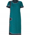 Marvelously modern with a mix of textural knit patterning and ultra contemporary swirling felted wool trim, this shift dress is a cool take on the iconic Missoni look - Round neckline, short sleeves, pull-over style - Straight silhouette, falls below the knee - Team with statement bangles and sky-high ankle boots