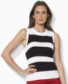 Rendered in a bold stripe, Lauren by Ralph Lauren's classic crewneck petite top is crafted in a sleeveless silhouette that can be effortlessly layered or worn alone