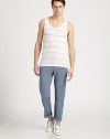 Beat the heat this summer in this striped tank top in a loose-fitting, cotton melange accented by a chest patch pocket.Scoop neckChest patch pocketCottonDry cleanImported