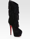 A towering platform silhouette of buttery suede, with playful layered fringe for movement with every step. Self-covered heel, 6¼ (155mm)Hidden platform, 2½ (65mm)Compares to a 3¾ heel (95mm)Shaft, 11¼Leg circumference, 16Suede upperLeather liningSignature red leather solePadded insoleMade in Italy