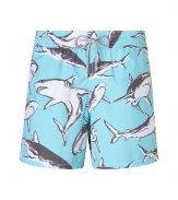 A brand original style since the 70s detailed with a fierce shark print, Vilebrequins Moorea swim trunks are as fun as they are iconic - Waterproof elastic waistband, back flap pocket, side slit pockets, back eyelets for release of water, durable drawstring cord with stainless metal aglets, interior cotton briefs - Classic slim fit - Wear in the water, or post-swim with a polo and flip-flops - Comes with a logo printed drawstring pouch