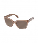 The perfect accessory for adding a glamorous edge to your outfit, Pradas taupe sunnies are a chic choice any way you wear them - Large square taupe acetate frames, grey lenses, silver-toned insert and printed logo at temples - Comes with a logo embossed hard carrying case